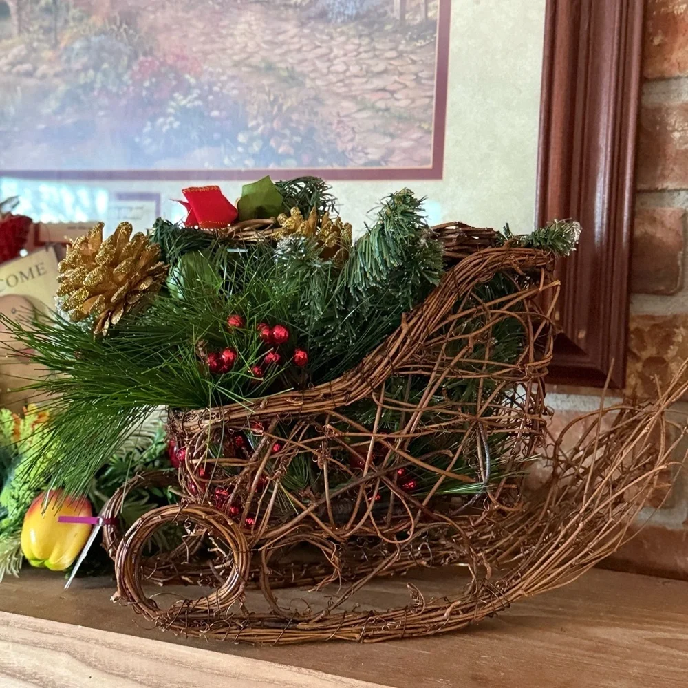 Vintage 1988 Holiday Decorative Wicker Sleigh with Greenery and Red Accents